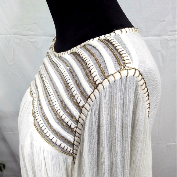 Forever 21 Off White/Gold Long Sleeve Crinkle BoHo Style Top - Picture 4 of 12